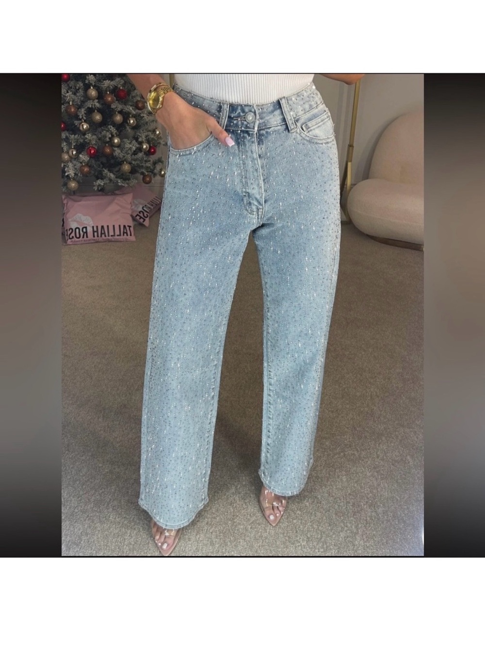 High-Waisted Diamanté Straight-Leg Jeans